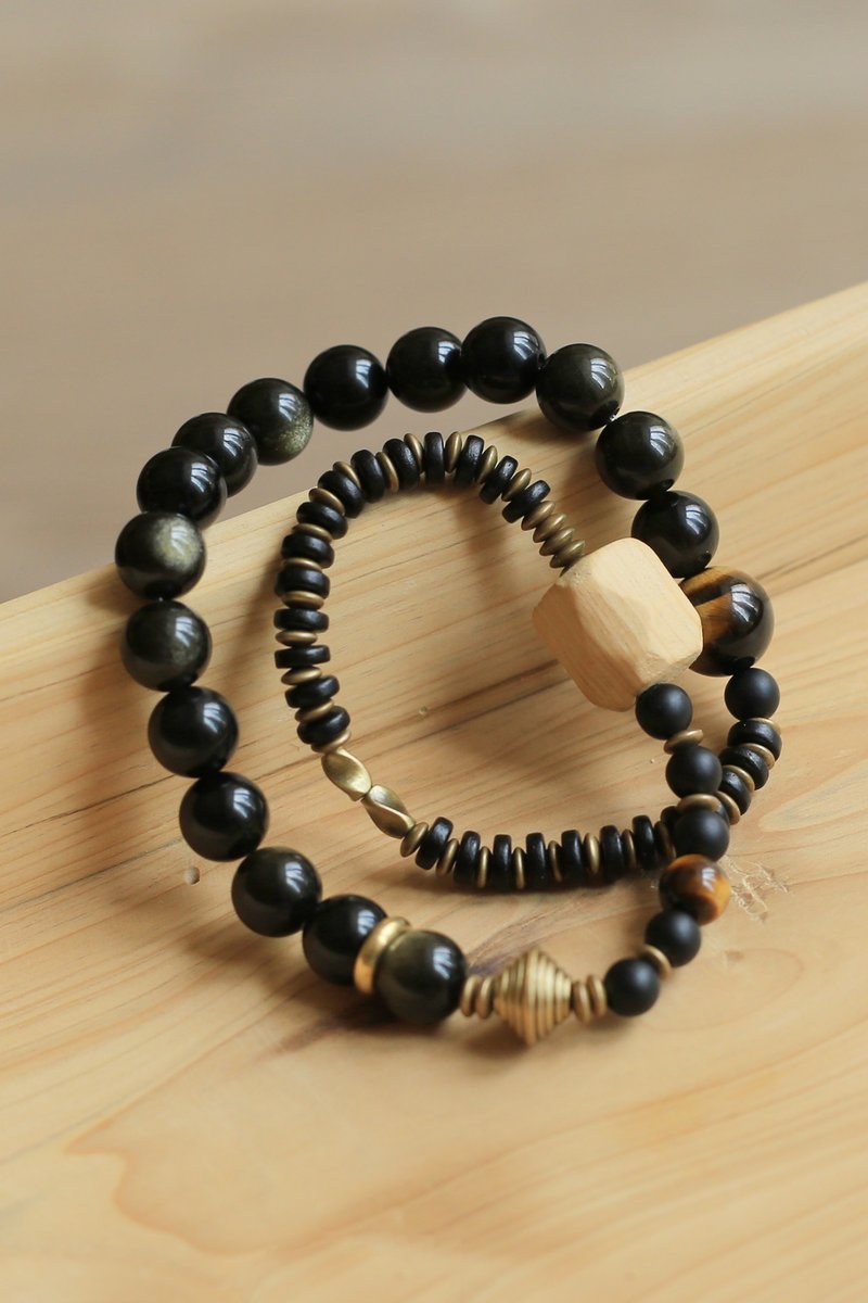 No.8-原創 &黑金 | 手刻老柏木 黄虎眼石 金曜石 黑檀 | 双圈 - 手链/手环 - 半宝石 黑色