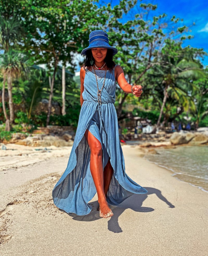 蓝色连身裤 蓝色棉连身裤 蓝色连衣裙 女装连衣裙 连身裙 - 背带裤/连体裤 - 其他材质 