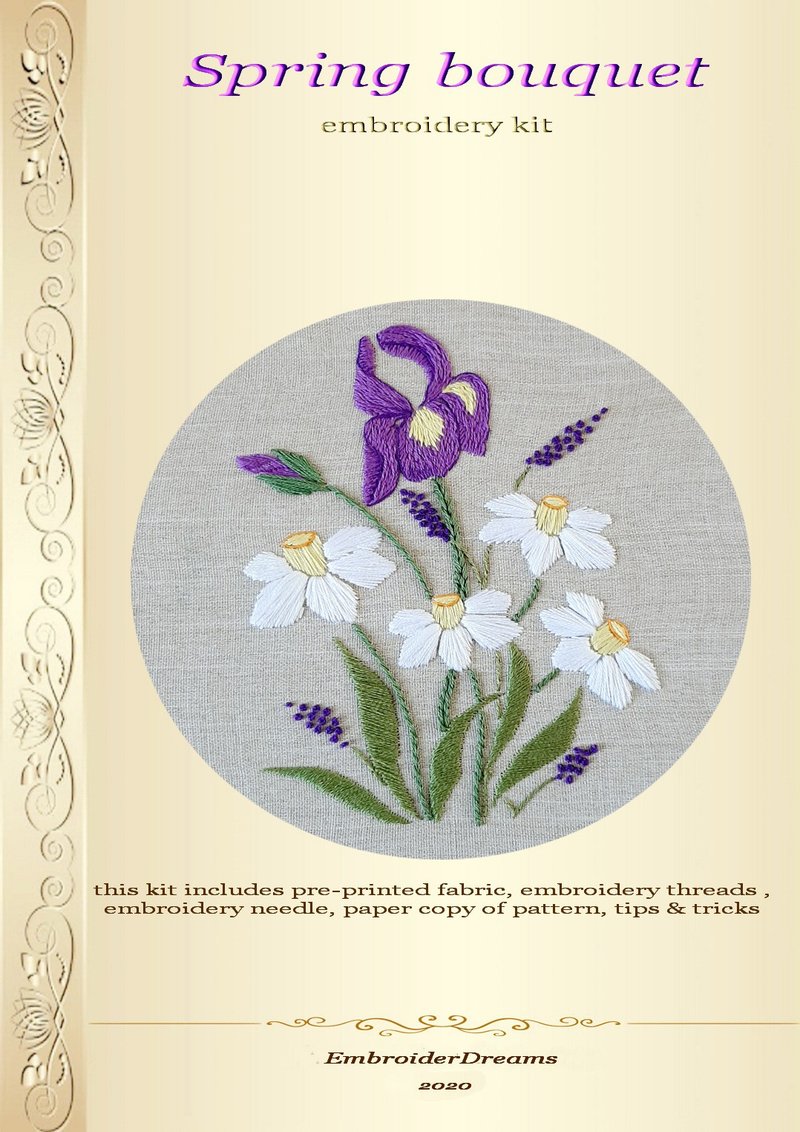 手工刺繡套件 Iris and daffodils hand embroidery kit. - 编织/刺绣/羊毛毡/裁缝 - 绣线 多色