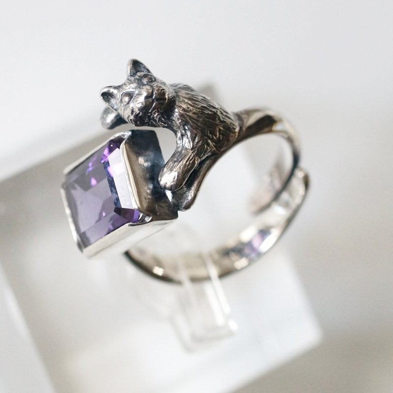 Pretend Cat Ring Amethyst - 戒指 - 其他金属 银色