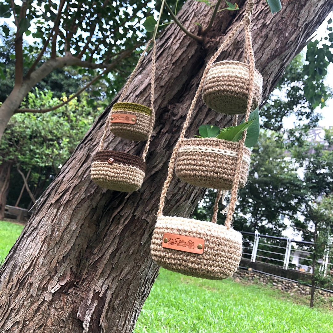 鈎织工艺。亚麻风三层吊篮 - 收纳用品 - 棉 咖啡色