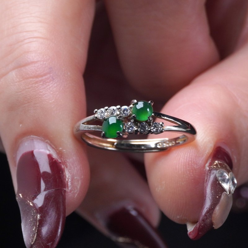 冰种老坑绿翡翠蛋面设计款戒指 925纯银 | 天然A货翡翠 | 送礼 - 戒指 - 玉石 绿色