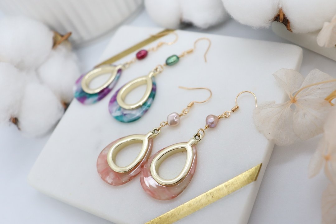 Teardrop Resin Beads & Pearl Dangle 925 Silver Earrings, Gorgeous Dangle Earring - 耳环/耳夹 - 树脂 