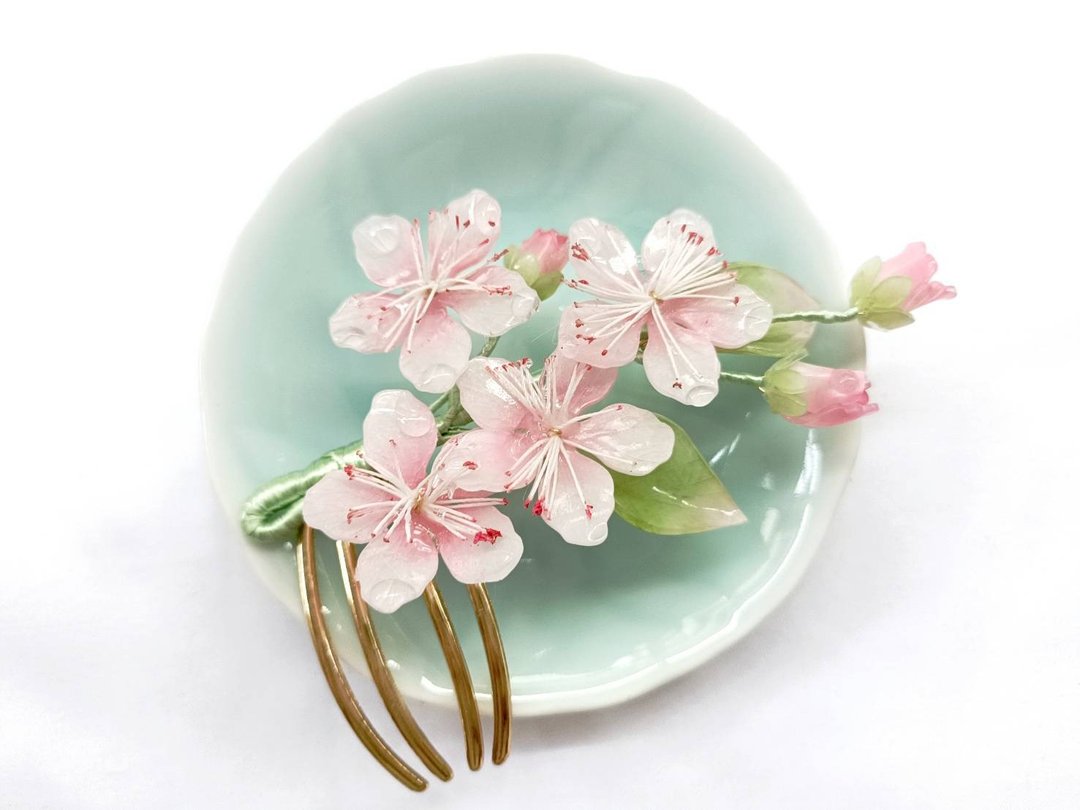 桃花映水 古风桃花热缩花发梳发簪发饰饰品 - 发饰 - 其他材质 粉红色