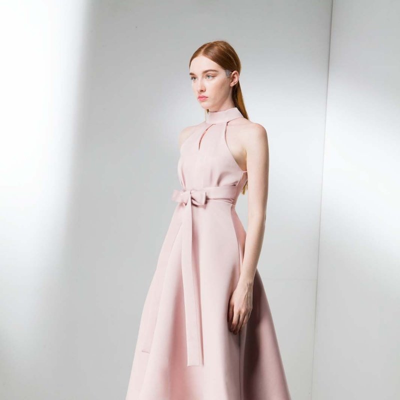 削肩缎面缎带洋装 - 洋装/连衣裙 - 聚酯纤维 粉红色