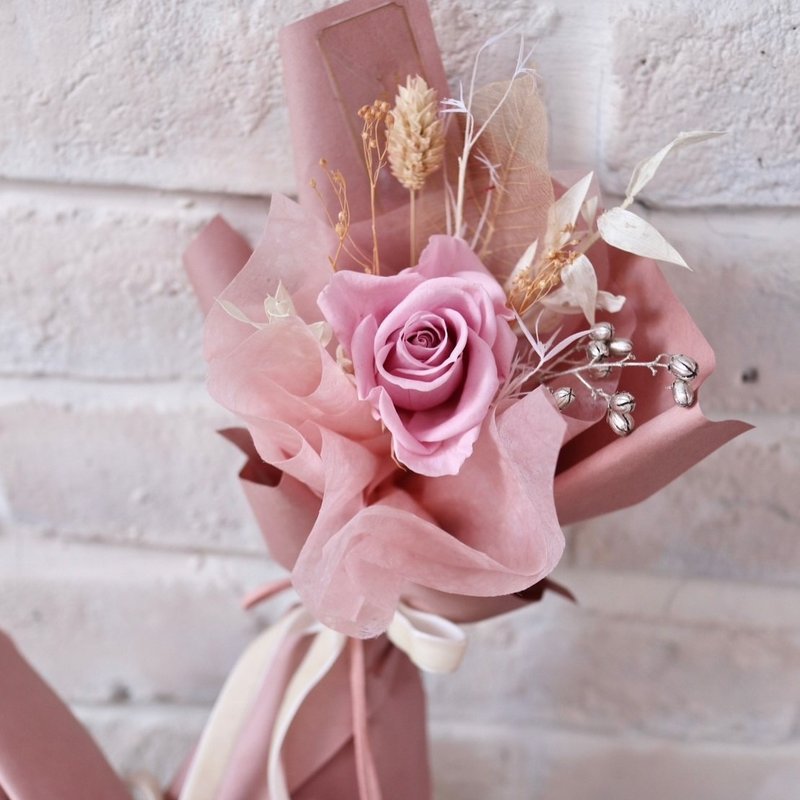 石英粉 单朵永生玫瑰花束 (中轮玫) -中 - 干燥花/捧花 - 植物．花 粉红色