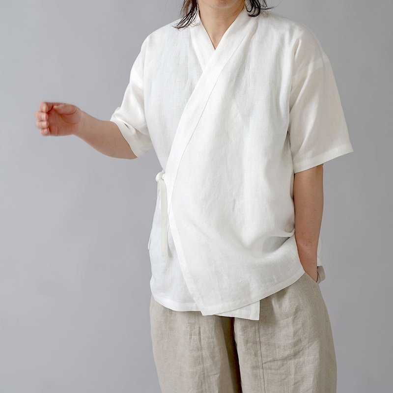 wafu --Japanese style pure flax coat cloak Unisex Linen Haori Top / White t010f-wht1 - 女装上衣 - 亚麻 白色