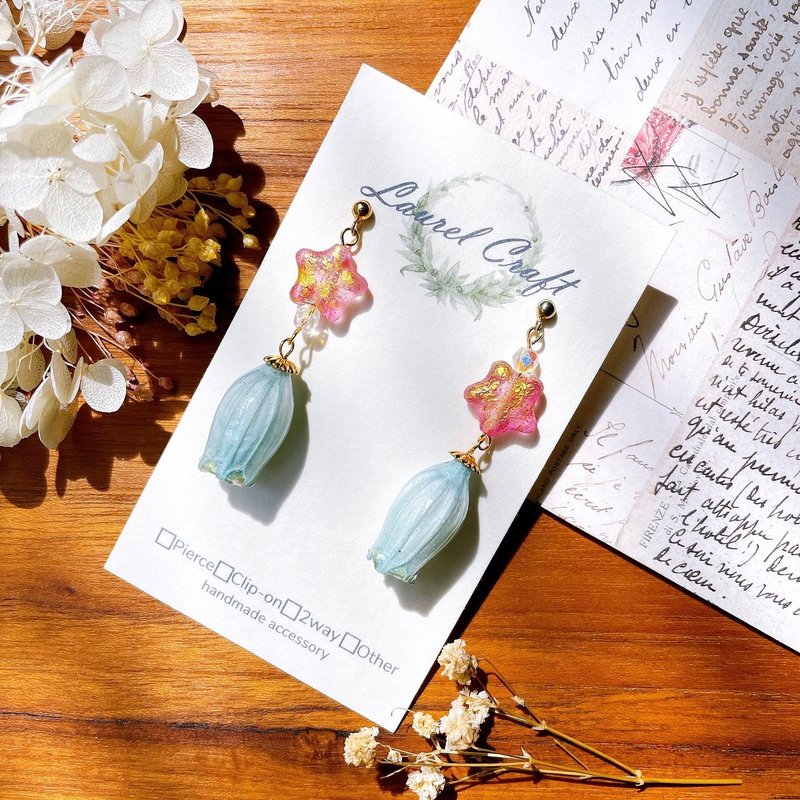 风铃花系列(蓝色) 粉红星星款 925纯银针耳环/无痛耳夹 - 耳环/耳夹 - 植物．花 蓝色