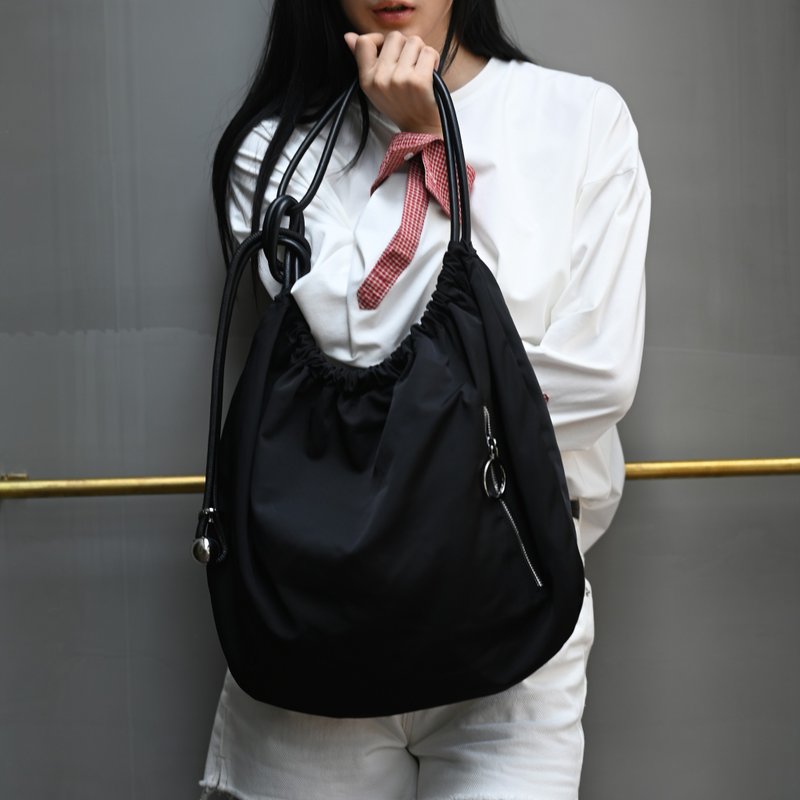 银珠结带-防水布大包-黑色 - 侧背包/斜挎包 - 真皮 黑色