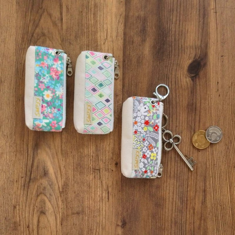 现货!【KTG/三角砖钥匙包(小)】夏绿 粉绿菱格 花丛白熊 日本帆布 - 钥匙链/钥匙包 - 棉．麻 多色