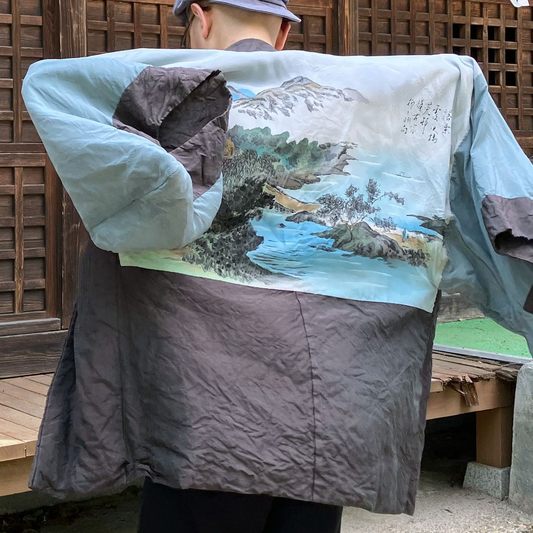 1970年代 日本古着 日本画内衬 男士和服式外套 虹彩光泽 双面穿 展现自由风格 - 男装外套 - 其他材质 多色