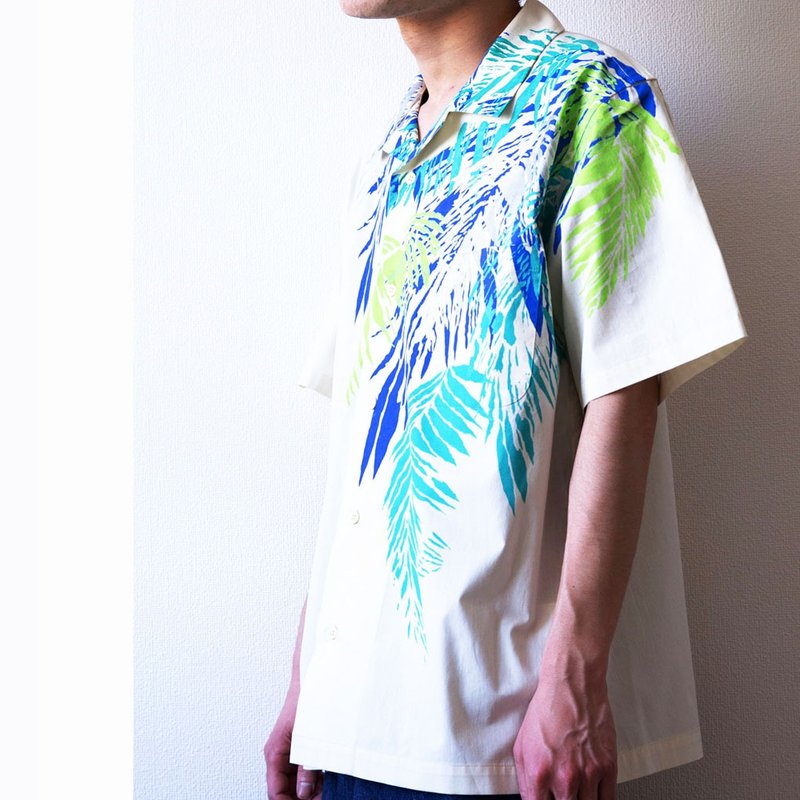 Palm leaf paint short-sleeved shirt in cool colors - 中性连帽卫衣/T 恤 - 棉．麻 多色