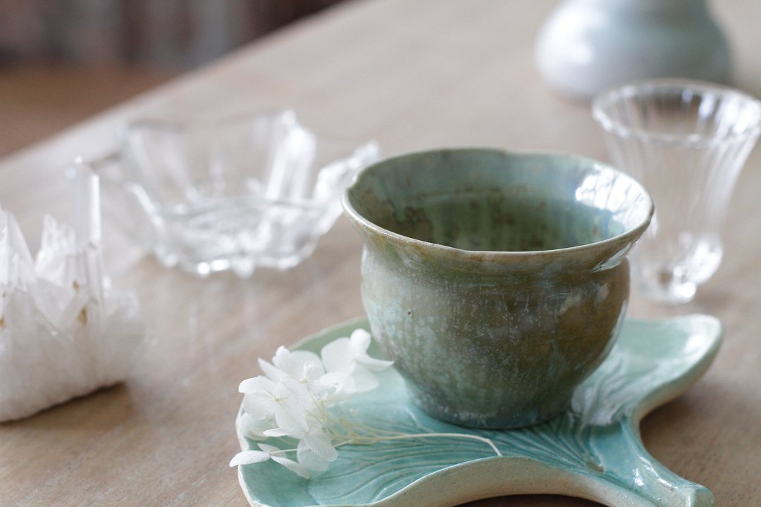手拉坯魔幻绿花瓣形小茶杯/烛台2 - 茶具/茶杯 - 陶 绿色
