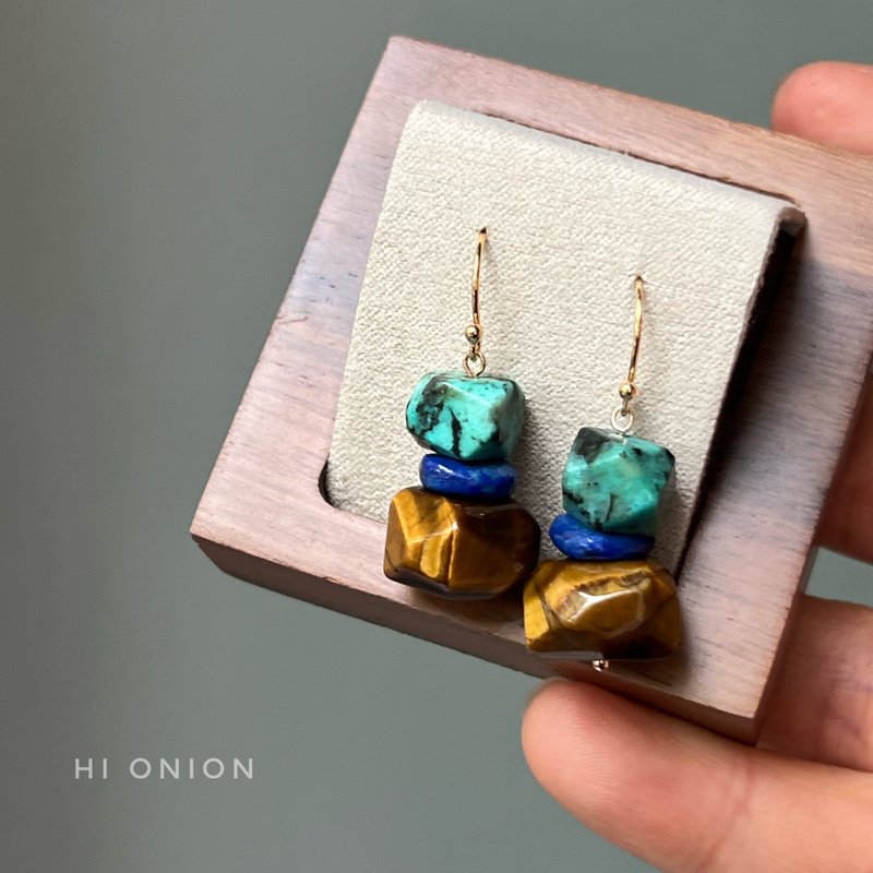 Hi Onion原创小众复古彩色天然石耳环耳钩新中式耳夹个性高级感 - 耳环/耳夹 - 宝石 