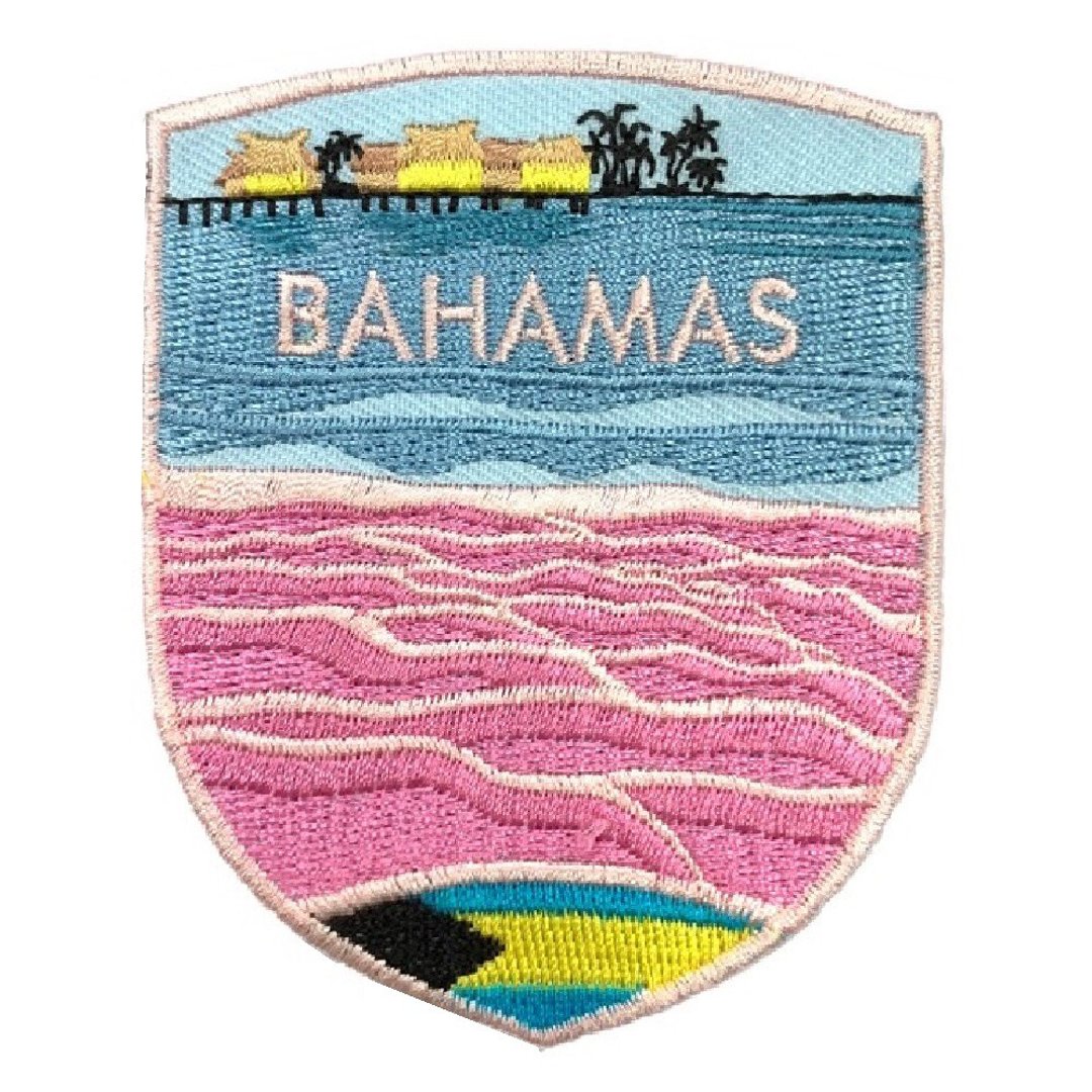 巴哈马 粉红海滩 热烫补丁贴 熨烫袖标 背胶补丁布标 地标PATCH - 徽章/别针 - 绣线 多色