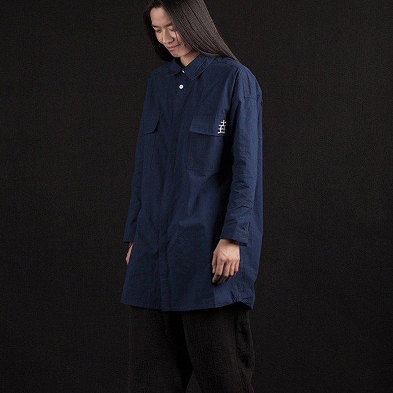 植物蓝染indigo宽松工装长袖女衬衫 - 女装衬衫 - 棉．麻 