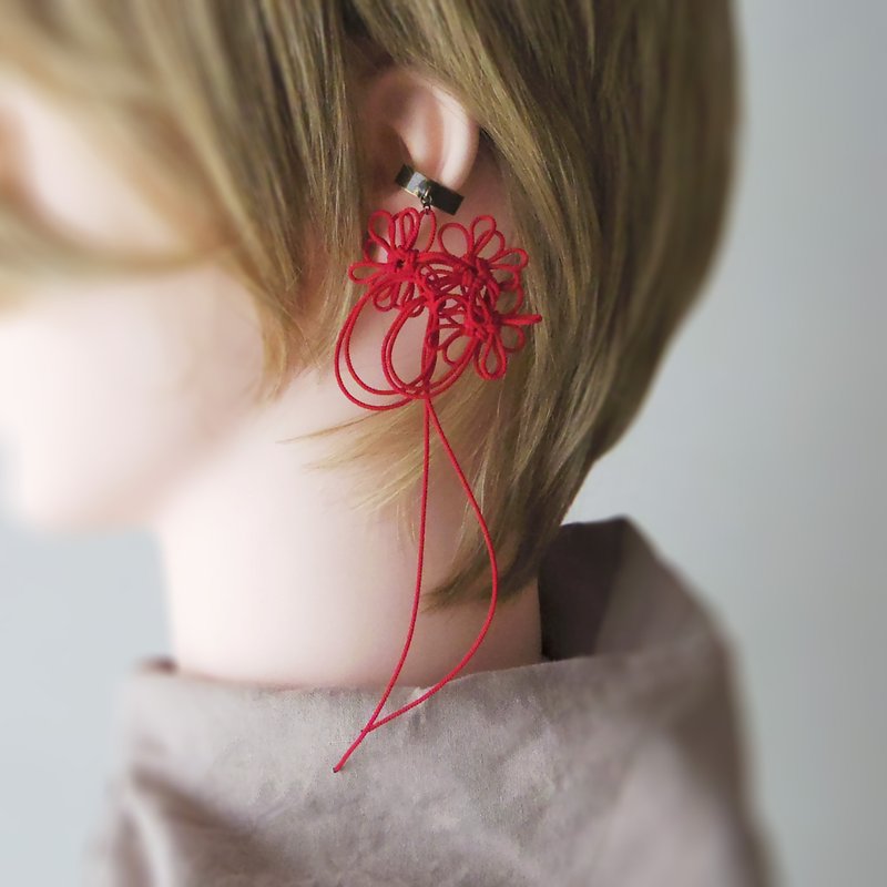 精致结绳耳骨夹｜轻盈无负担，如同迷你花束。 - 耳环/耳夹 - 聚酯纤维 红色