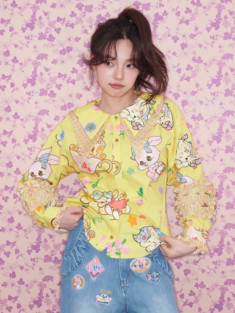 黄色荷叶边小动物印花衬衫拼接格纹尖领童趣 - 女装衬衫 - 其他材质 多色