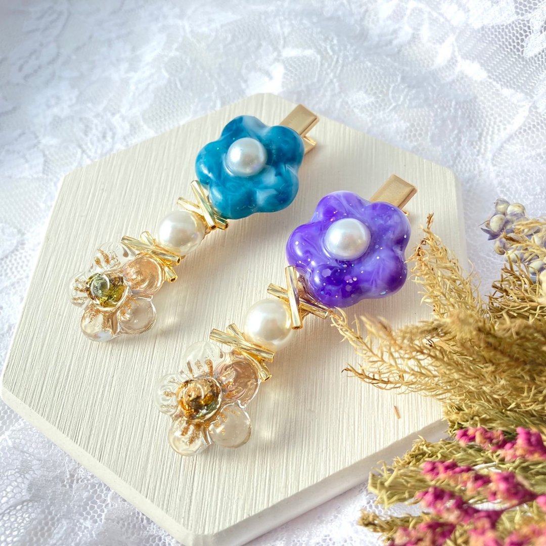 花朵 发夹 成熟可爱 蓝色 紫色 简约 花朵 晕染 珍珠 - 发饰 - 树脂 蓝色