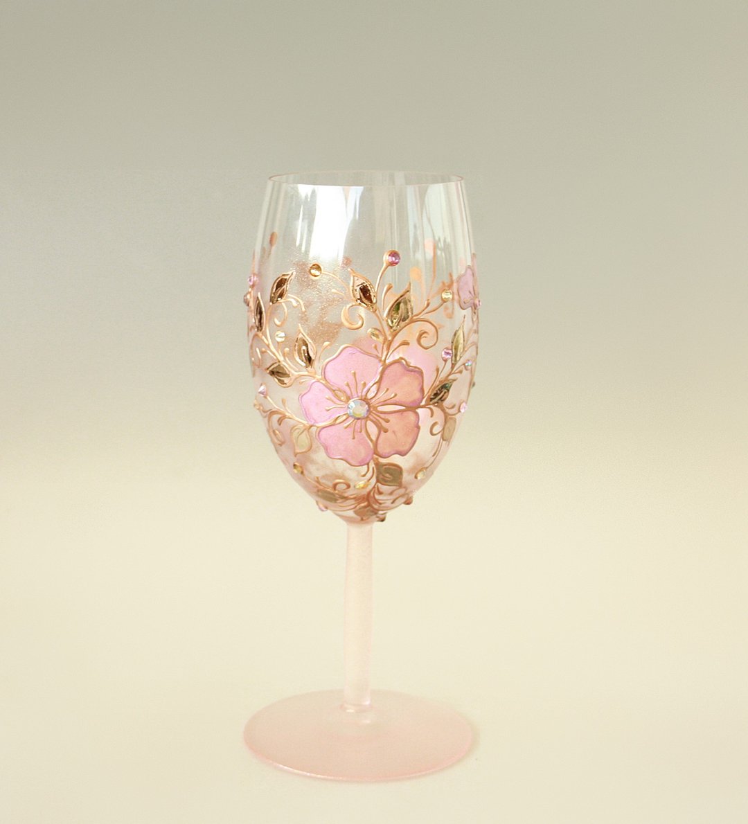 Wine Glass Single, Pink Rose Floral Design Swarovski Crystals Hand Painted - 酒杯/酒器 - 玻璃 粉红色