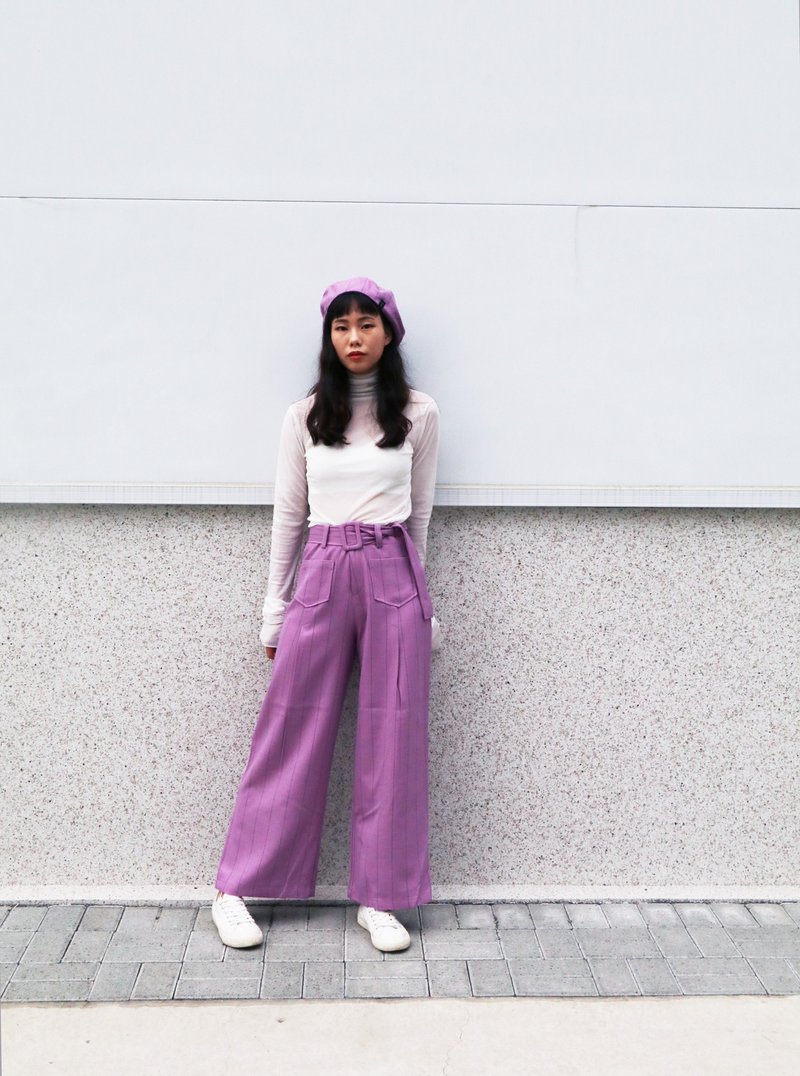 紫格子系附腰带宽裤 大人 - 女装长裤 - 其他材质 紫色