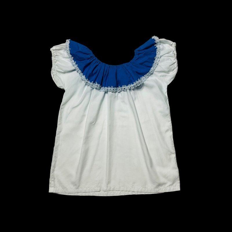 一字领蓝白蕾丝上衣 - 女装衬衫 - 棉．麻 白色