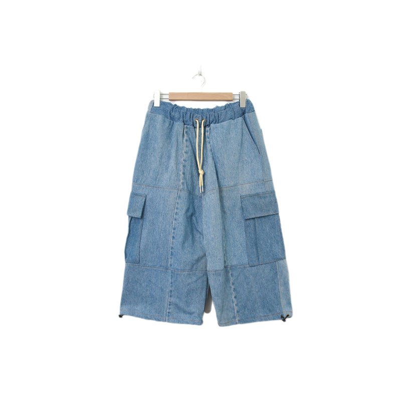 Back to Green-再制拼接裤 浅蓝牛仔七分裤//p-01 vintage pants - 男士短裤 - 棉．麻 