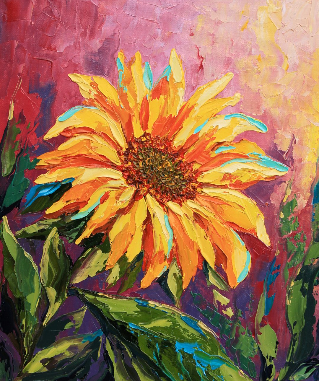 Sunflower Painting Floral Original Art Impasto Artwork Rustic Oil Wall Art - 海报/装饰画/版画 - 其他材质 黄色