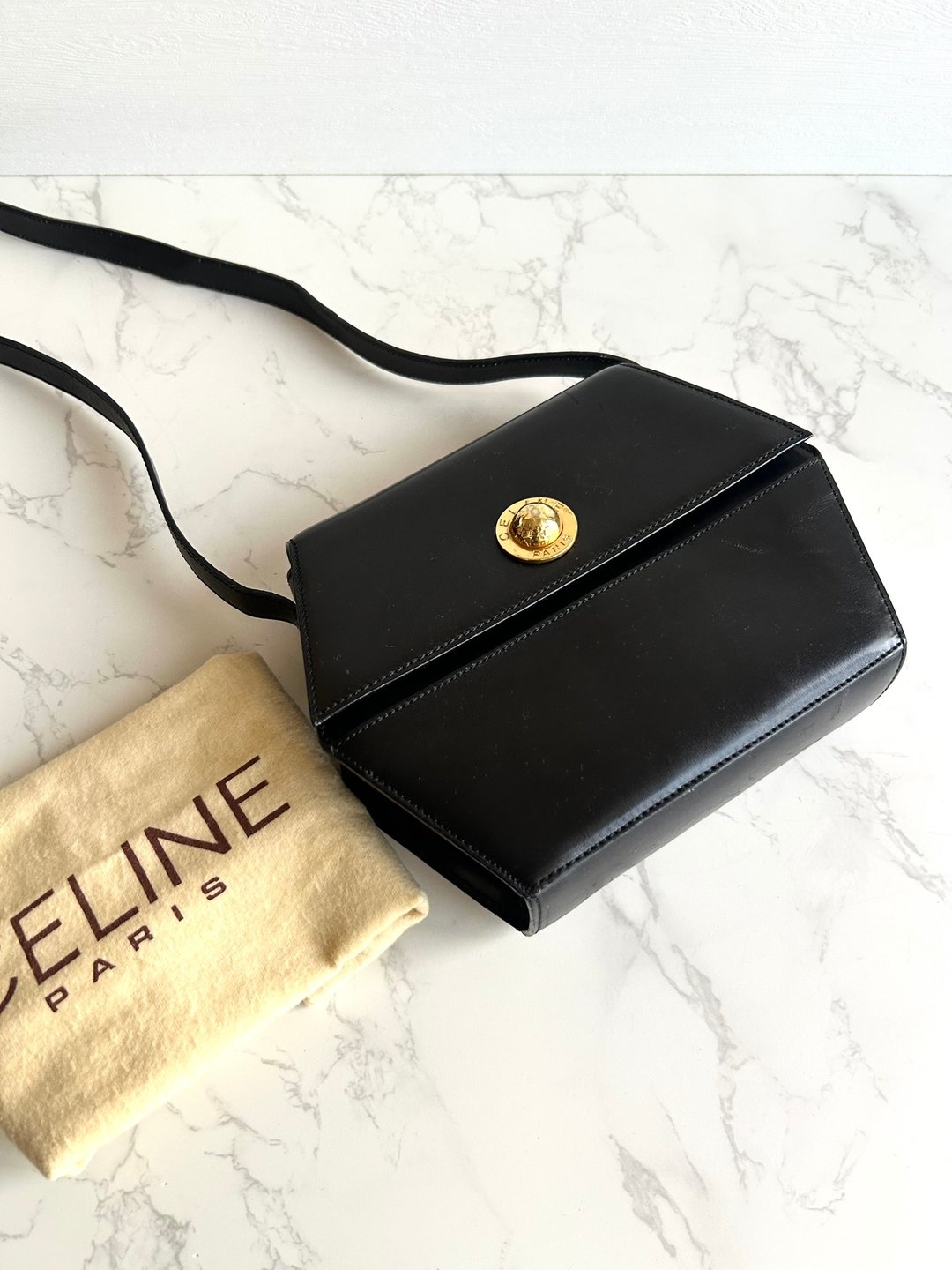 稀有中古包 Celine 黑金星球几何盒子包 斜背包 单肩包 侧背包古董 - 侧背包/斜挎包 - 真皮 黑色