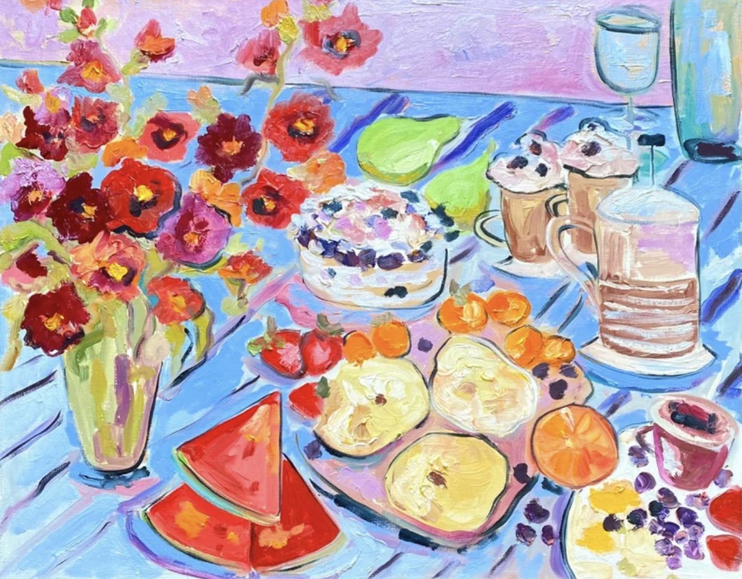 Summer breakfast on a blue tablecloth, Oil painting on canvas, Food and drinks - 墙贴/壁贴 - 其他材质 蓝色