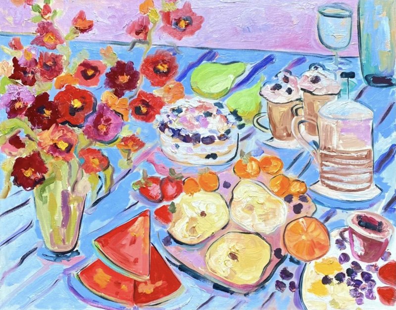 Summer breakfast on a blue tablecloth, Oil painting on canvas, Food and drinks - 墙贴/壁贴 - 其他材质 蓝色