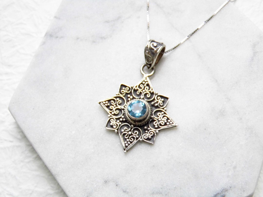蓝托帕石blue topaz 925纯银厚银雕花八芒星项链 尼泊尔手工镶嵌制作 - 项链 - 宝石 蓝色