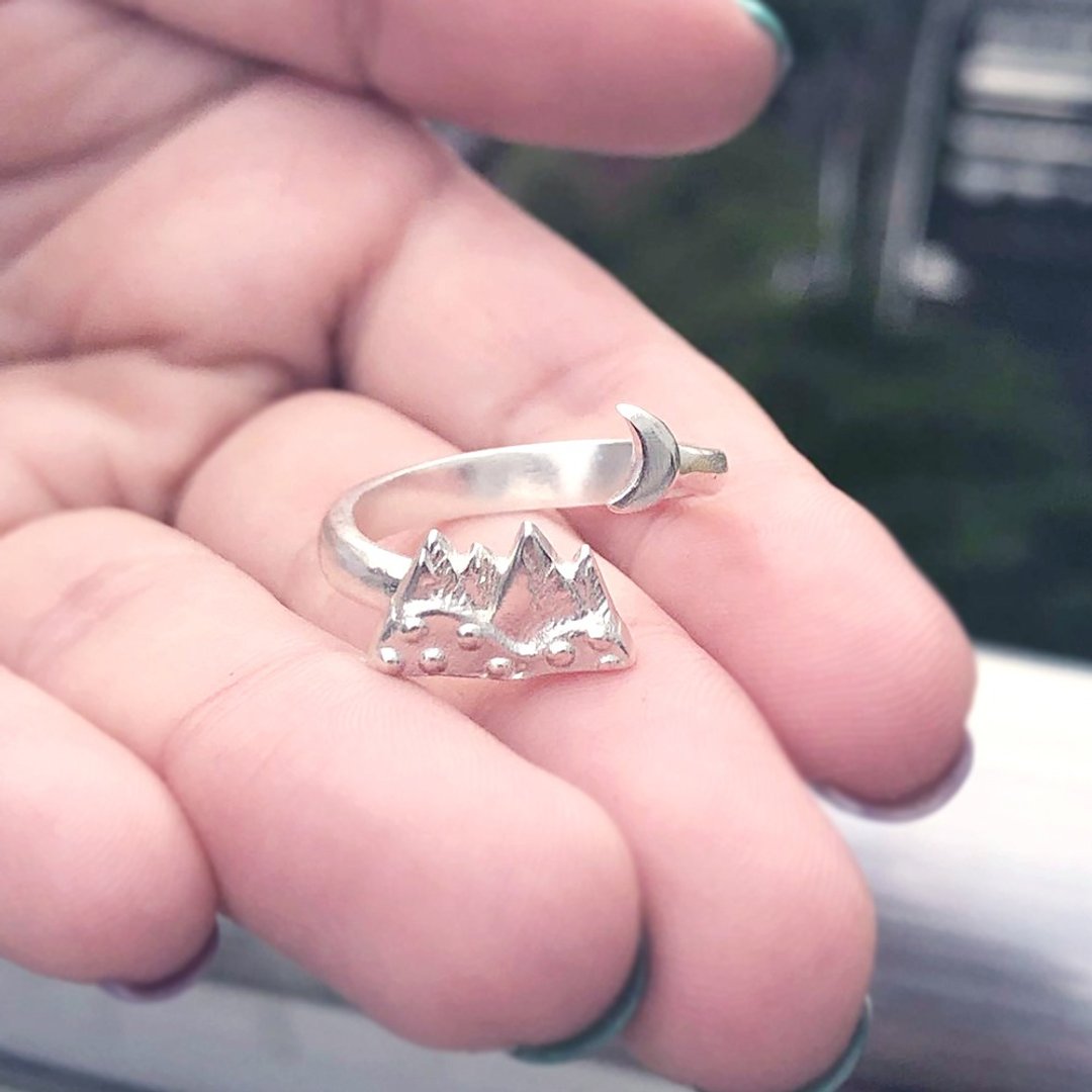 Sterling Silver Mountain & Crescent Moon Ring, Snow Mountain Ring, Moon Ring - 戒指 - 其他金属 银色