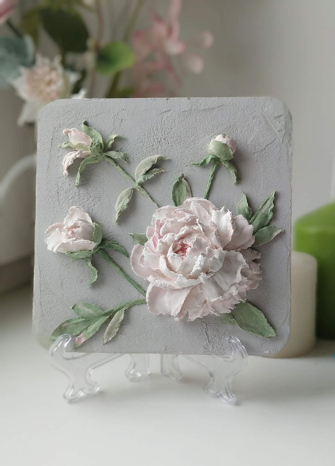 牡丹画 白牡丹画 花卉画 花卉墙艺术装饰 妈妈礼物 - 墙贴/壁贴 - 其他材质 灰色
