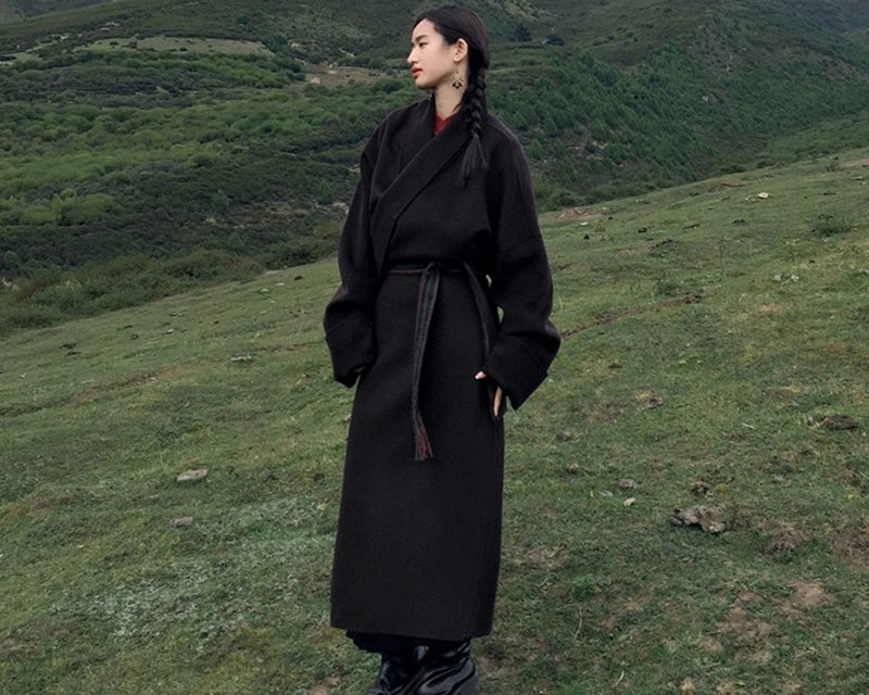 【墨脱】新中式复古藏风 双面呢羊毛藏袍 - 女装西装外套/风衣 - 其他材质 黑色