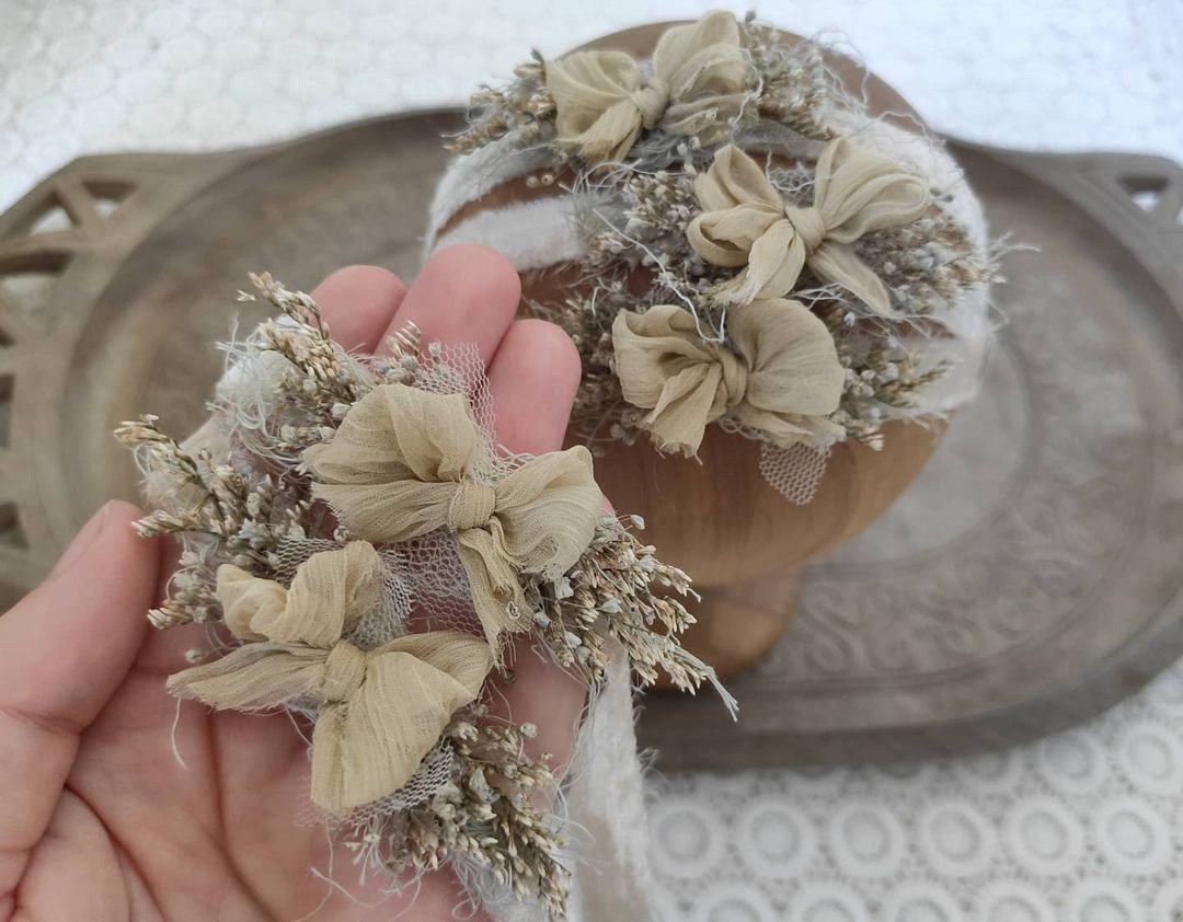 新生儿头带。 摄影婴儿用品 - 婴儿帽/发带 - 丝．绢 咖啡色