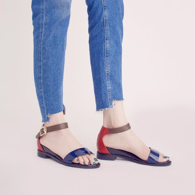 【零码出清】三种皮料!一字内增高凉鞋  蓝红  全真皮 - 男女凉鞋 - 真皮 红色