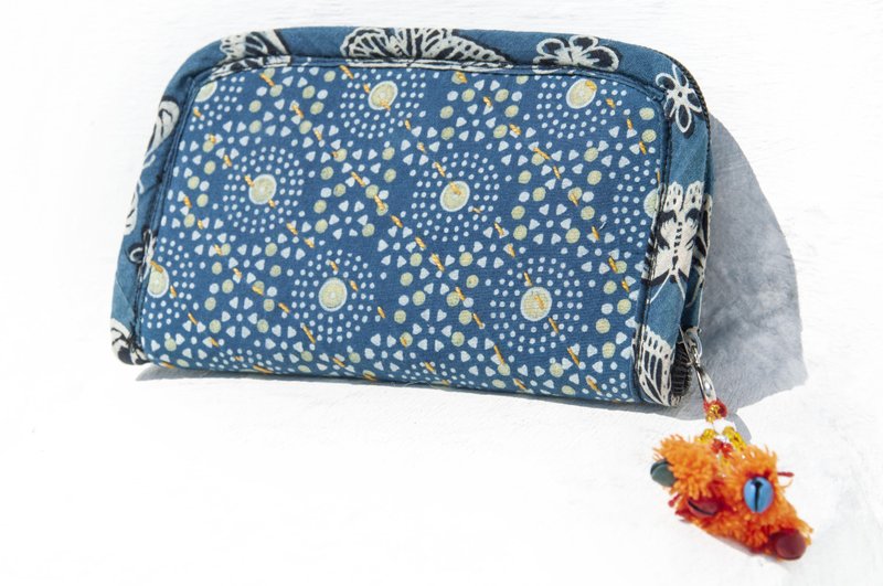 棉质皮夹/手工刺绣长夹/长皮夹/零钱包/短皮夹-蓝染木刻印清真寺 - 皮夹/钱包 - 棉．麻 蓝色