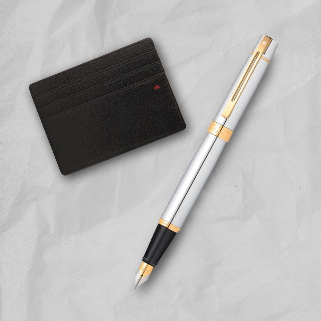 SHEAFFER 300 系列银杆金夹钢笔-F 尖 + 经典卡夹礼盒 免费刻字 (原厂 - 钢笔 - 铝合金 银色