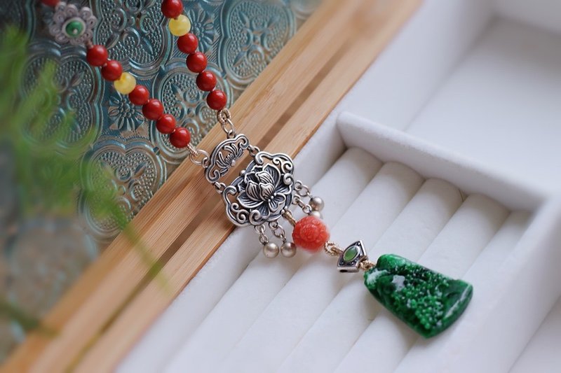 原创国风天然A货翡翠毛衣链搭配南红项链 925银如意锁 情人节礼物 - 项链 - 水晶 