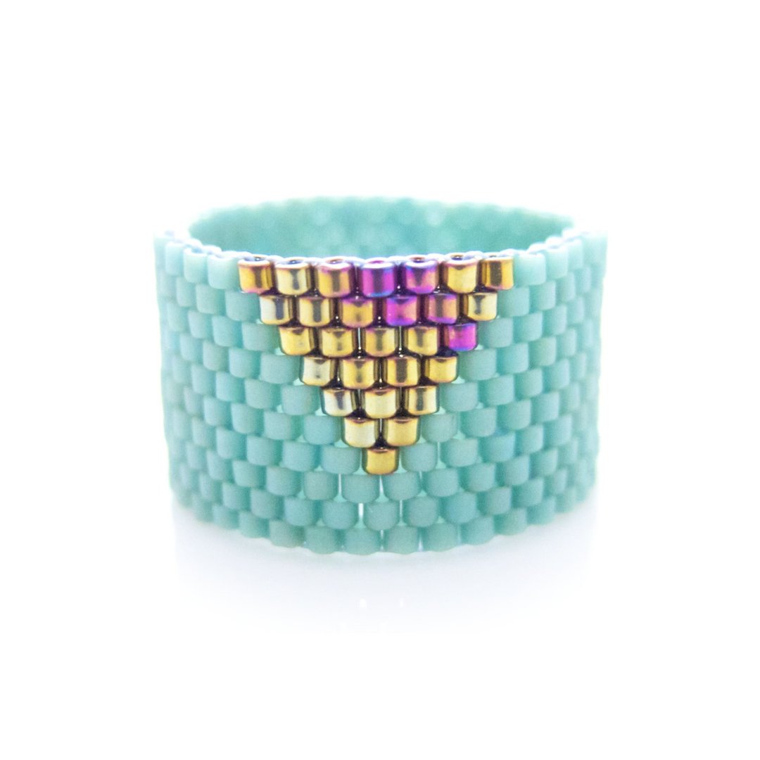 Beaded Mint Ring, Mint Triangle Ring, Gold Triangle Ring, Dreadlock Bead, Geometric - 戒指 - 玻璃 蓝色