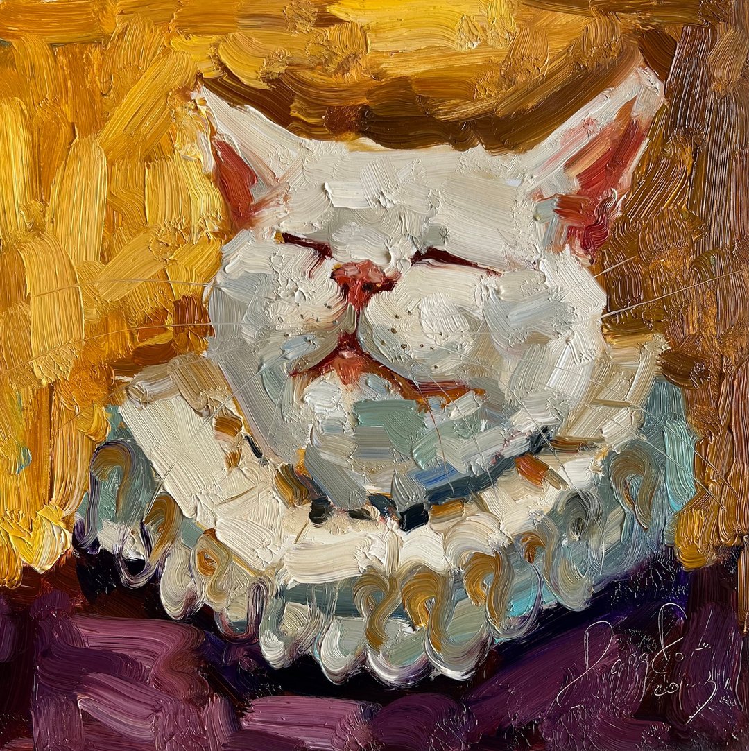猫肖像 猫油画 白猫艺术品 猫爱好者礼物 猫肖像 - 墙贴/壁贴 - 其他材质 黄色