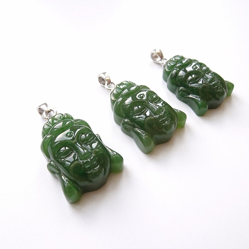 限量现货 - 碧玉和田玉 手工雕刻观音头像 纯银坠 | 可另购纯银链 - 项链 - 玉石 绿色