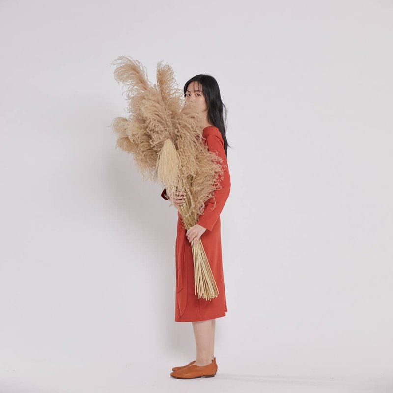 法国小毛圈长袖腰绑带洋装/枫红 - 洋装/连衣裙 - 棉．麻 红色