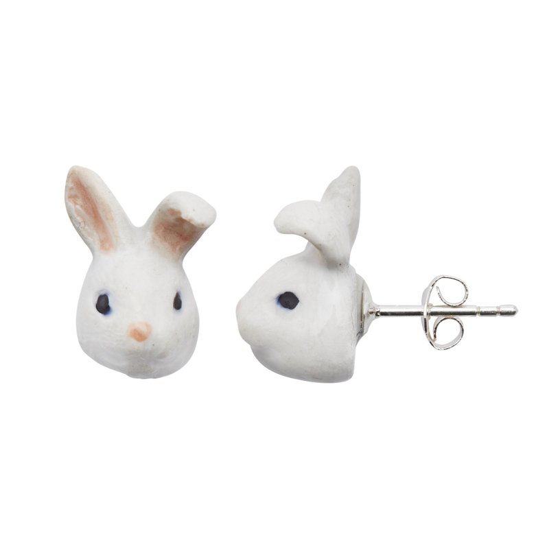 And Mary 手绘瓷耳环-兔子 礼盒装 Cute White rabbit Earrings - 耳环/耳夹 - 瓷 白色