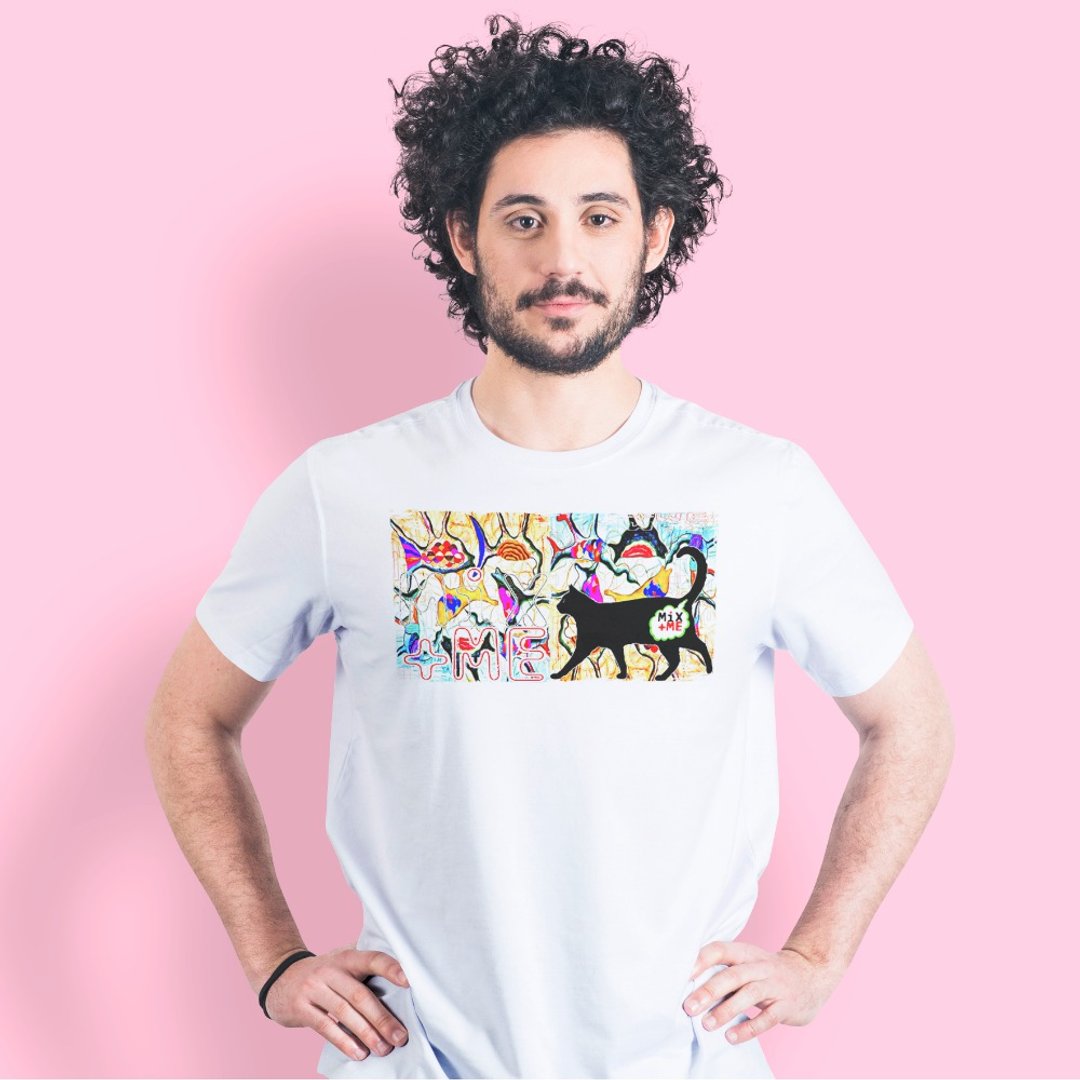 Art T-Shirt Premium Cotton l Black Cat and Fish l - 男装上衣/T 恤 - 棉．麻 白色