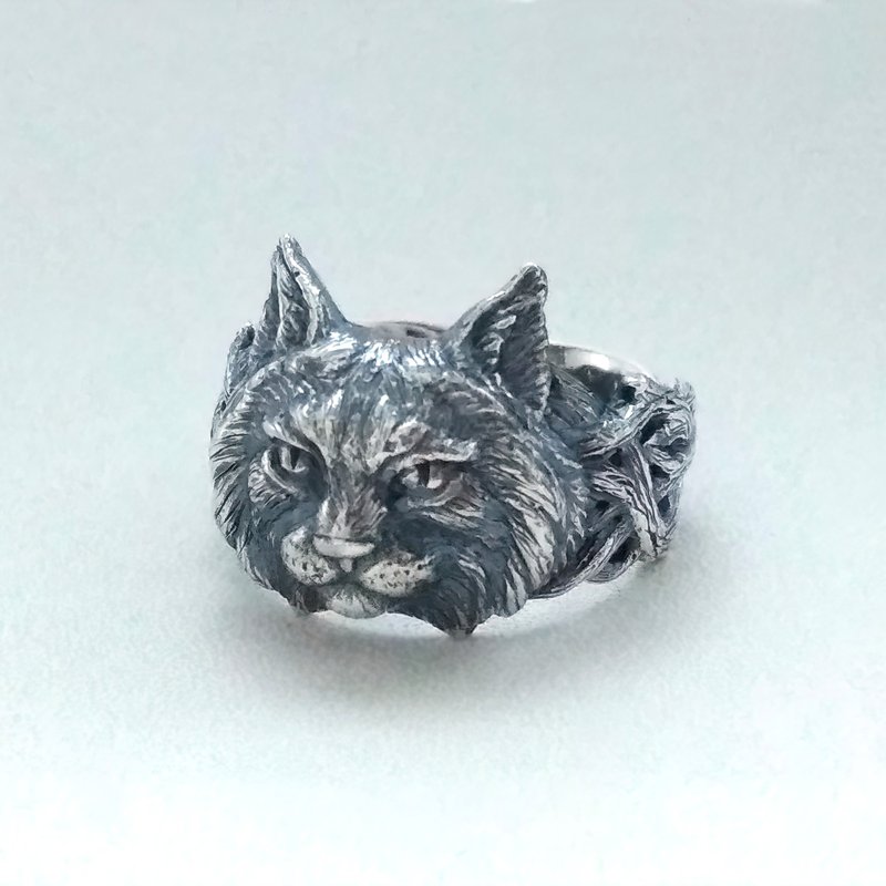 Lynx Head.Lynx Pendant.Lynx Charm.Lynx Necklace.Animal Totem.Bobcat Necklace - 戒指 - 纯银 银色
