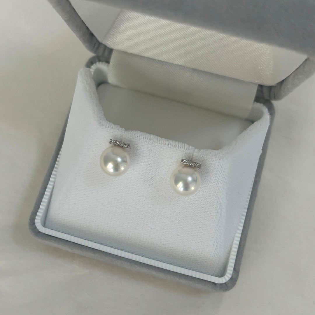 日本 Akoya 海水珍珠耳环 7.5mm Pt900 铂金 钻石 近无瑕 高皮光 - 耳环/耳夹 - 珍珠 银色
