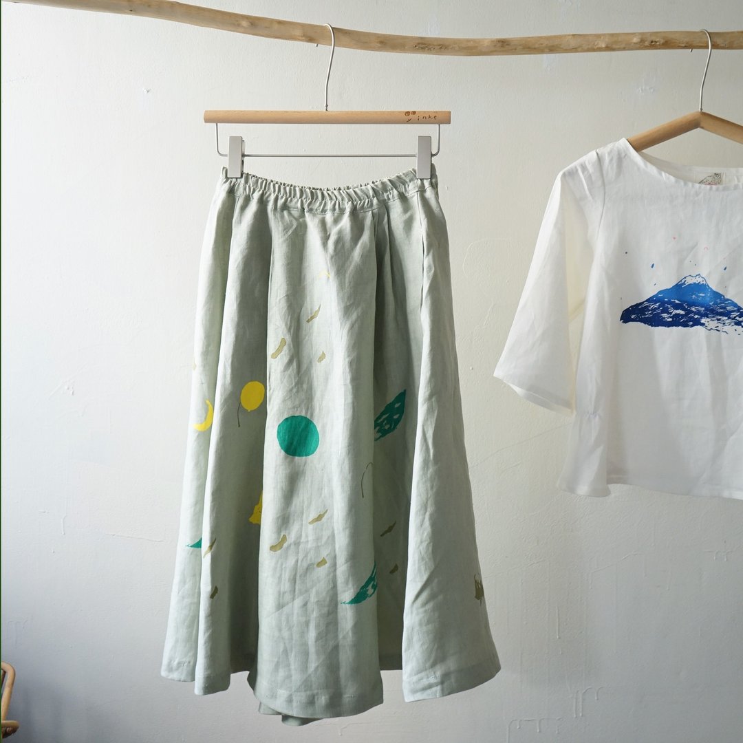 超可爱灰绿宽宽山、雨点、小手/星球设计亚麻口袋打褶裤裙 - 女装长裤 - 棉 绿色