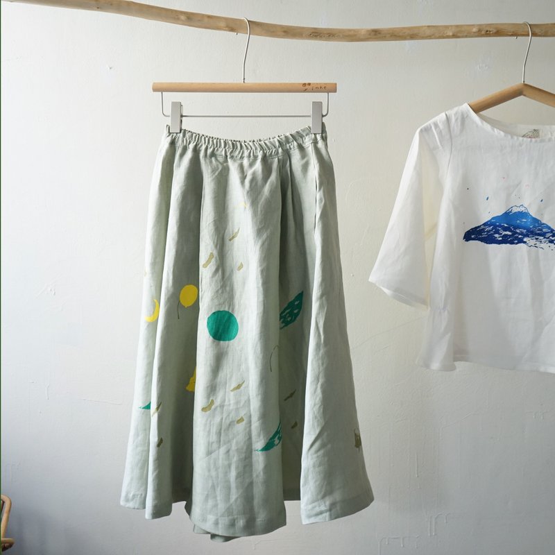 超可爱灰绿宽宽山、雨点、小手/星球设计亚麻口袋打褶裤裙 - 女装长裤 - 棉 绿色